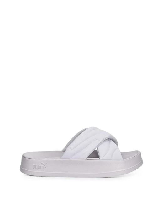 PUMA White Quilted Crossover-Strap Slides