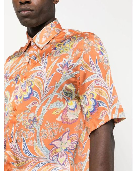 Etro Orange Printed Silk Shirt for men