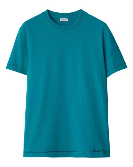Burberry Blue Contrast-stitching Cotton T-shirt for men