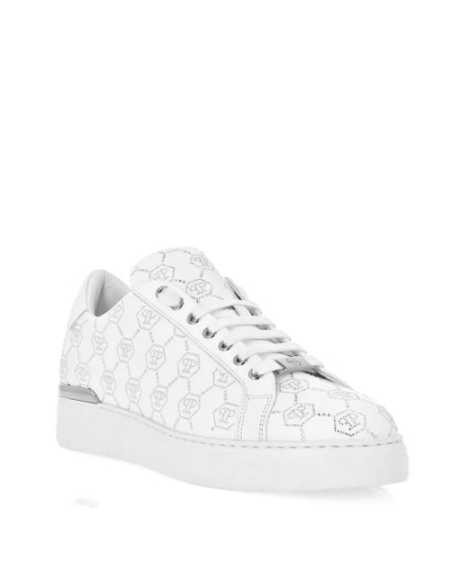 Philipp Plein White Low Top Sneakers Carson Monogram Strass