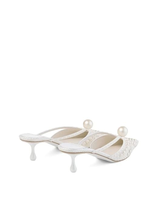 Jimmy Choo White Spitze Sana Mules mit Perlenverzierung 50mm