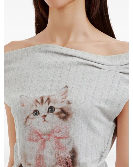 B+ AB White Cat-Print Ruched T-Shirt