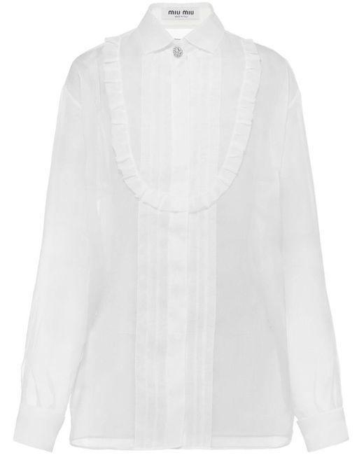 Miu Miu White Semi-sheer Ruffle-detail Silk Organza Shirt