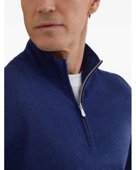 Brunello Cucinelli Blue High-Neck Zip-Up Sweater for men