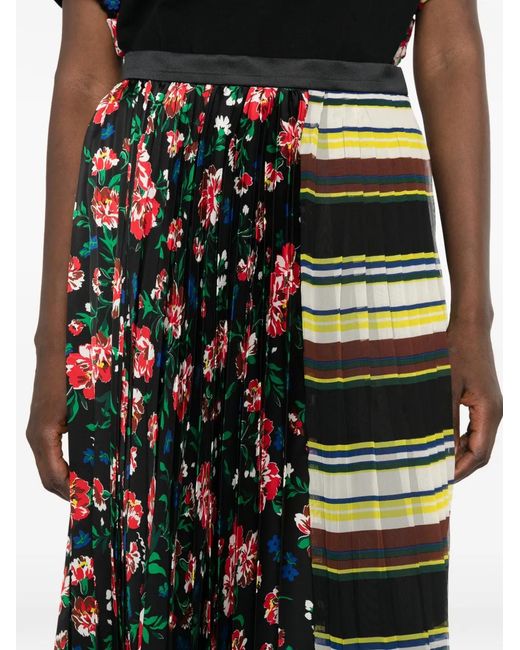 Sacai Black Floral-Print Pleated-Design Midi Skirt