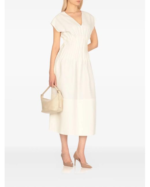 Fabiana Filippi White V-Neck Pleated Midi Day Dress