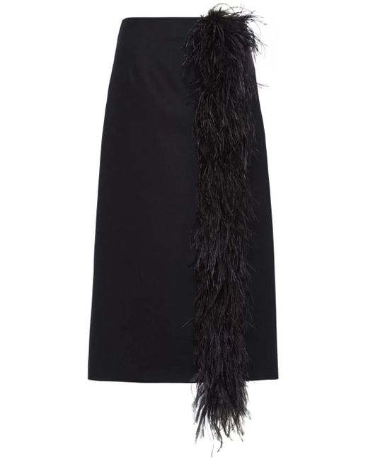 Prada Black Feather-Trimmed Wool Midi Skirt