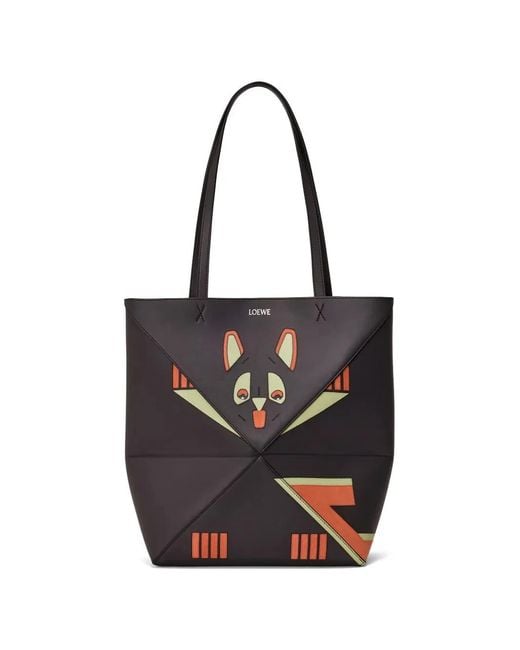 Loewe Black X Louis Wain Medium Futurist Cat Puzzle Fold Graphic Straps Tote Bag