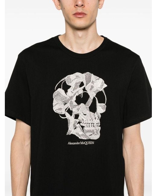 Camiseta con calavera bordada Alexander McQueen de hombre de color Black