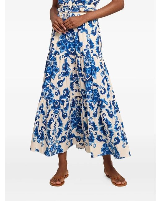 Cara Cara Blue Melanie Floral-Print Tiered Midi Skirt