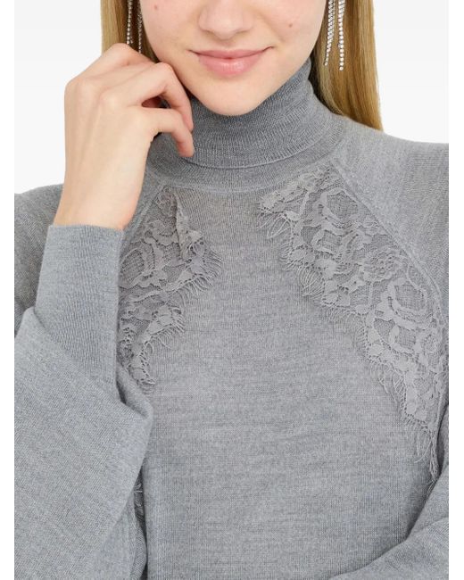 Liu Jo Gray Lace-Panel Puff-Sleeve Sweater