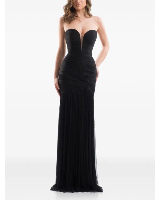 IMROSKA Black Ruched Lace-Panel Gown