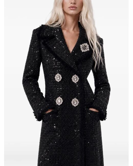 Philipp Plein Black Tweed Long Coat Paillettes
