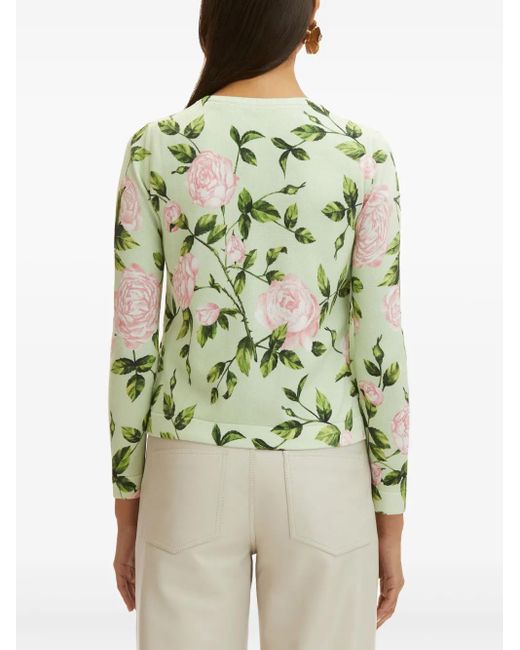 Oscar de la Renta Green English Rose Print Cardigan