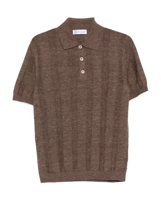 Brunello Cucinelli メンズ ブラウン リブ ポロシャツ