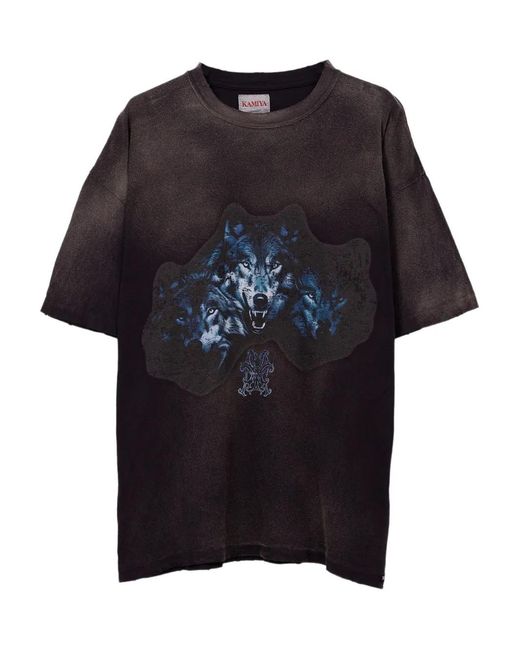 KAMIYA Black Wolf-Print Distressed T-Shirt for men