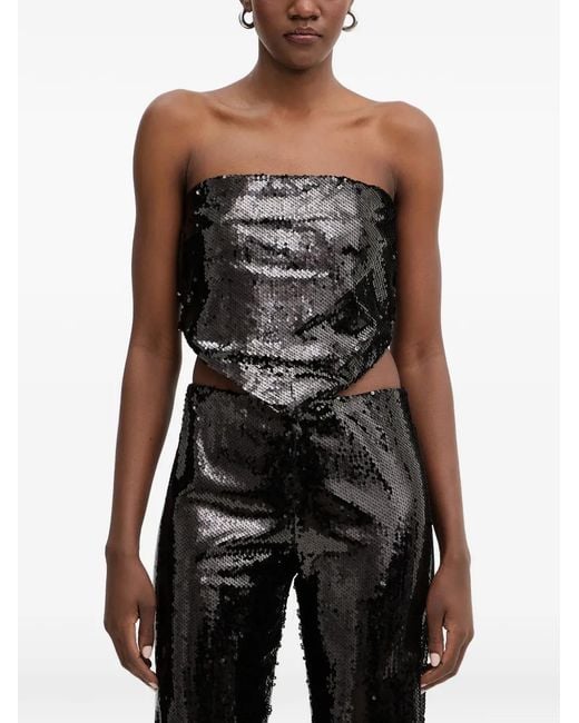 Haveone Black Sequin-Embellished Strapless Top
