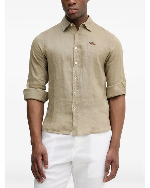 Aeronautica Militare Natural Logo-Embroidered Linen Shirt for men