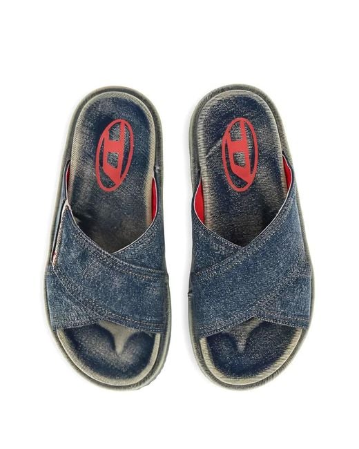 DIESEL Blue Denim Cross-Strap Slides