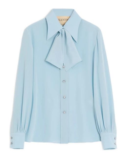 Valentino Garavani Blue Crepe De Chine Scarf-Detail Shirt