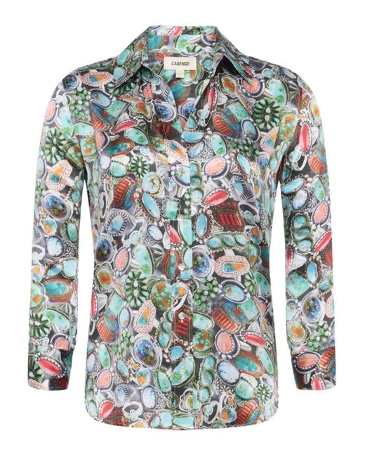 L'Agence Blouse Met Print En Cropped Mouwen in het Blue