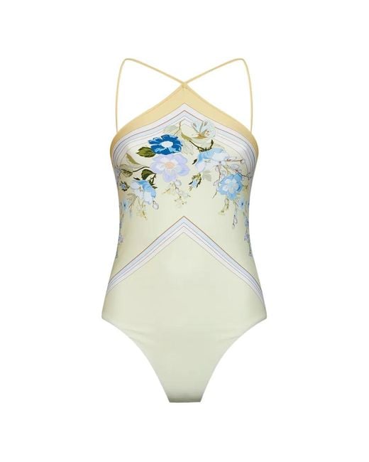 Self-Portrait White Floral-Print Halterneck Swimsuit
