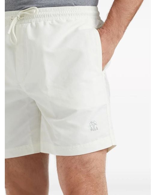 Brunello Cucinelli White Logo-Embroidered Swim Shorts for men