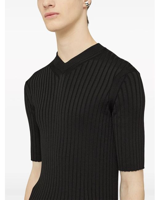 Jil Sander Black Ribbed-Knit V-Neck T-Shirt for men