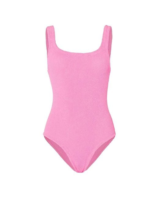 Hunza G Pink Crinkle-Effect Square-Neck Swimsuit