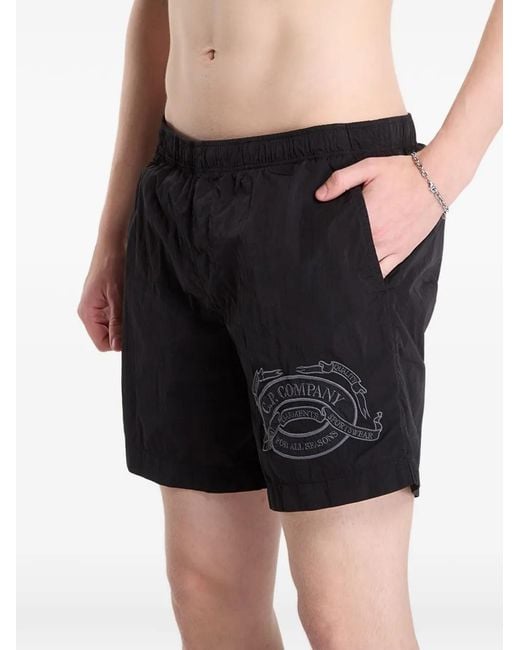 C P Company Black Eco-Chrome R Graphic-Embroidered Swim Shorts for men