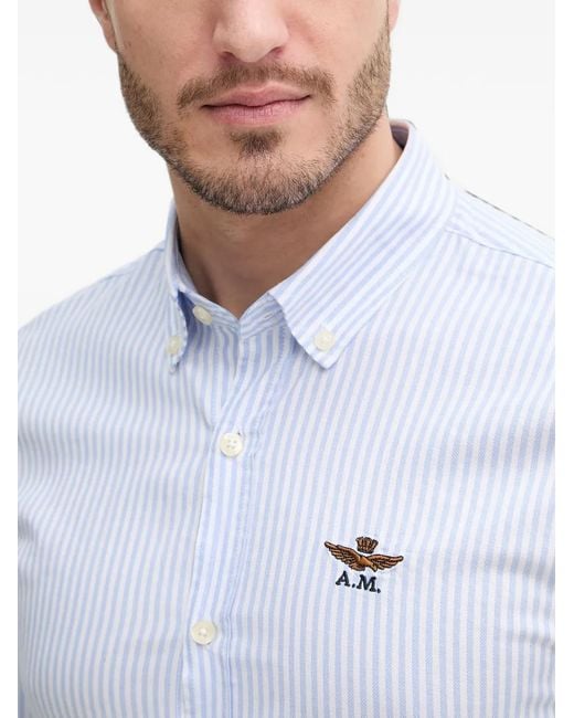 Aeronautica Militare White Vertical-Stripe Logo-Embroidered Shirt for men