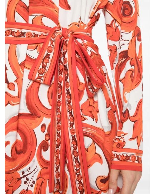 Dolce & Gabbana Red Baroque-Print Belted Mini Dress