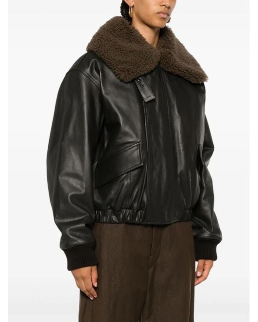 Lemaire Black Shearling Collar Leather Jacket
