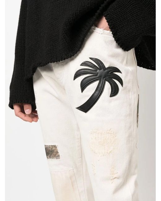 Palm Angels White Palm Tree-Patch Straight-Leg Jeans for men