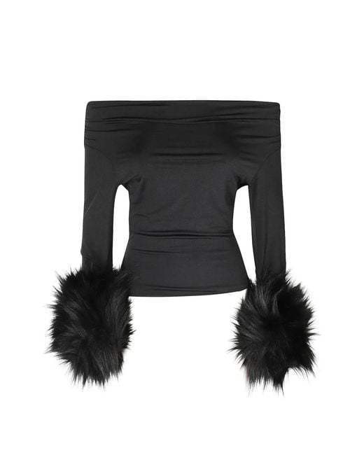 ANDAMANE Black Tyla Faux-Fur Trim Off-Shoulder Top