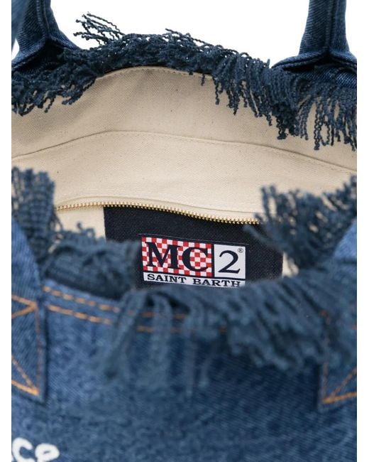 Mc2 Saint Barth Blue Fringed-Detail Logo-Print Tote Bag