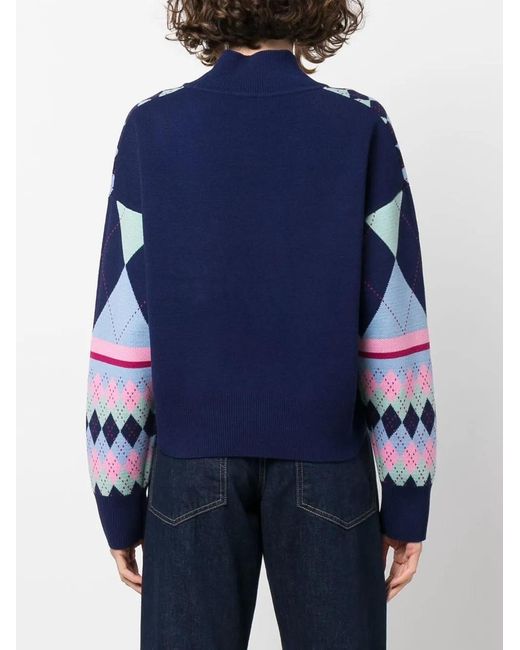 Versace Jeans Couture Blue Argyle-Knit Logo-Embroidered Jumper