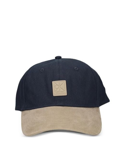 Calvin Klein Blue Mixed Media Colourblock Logo-Patch Baseball Cap for men