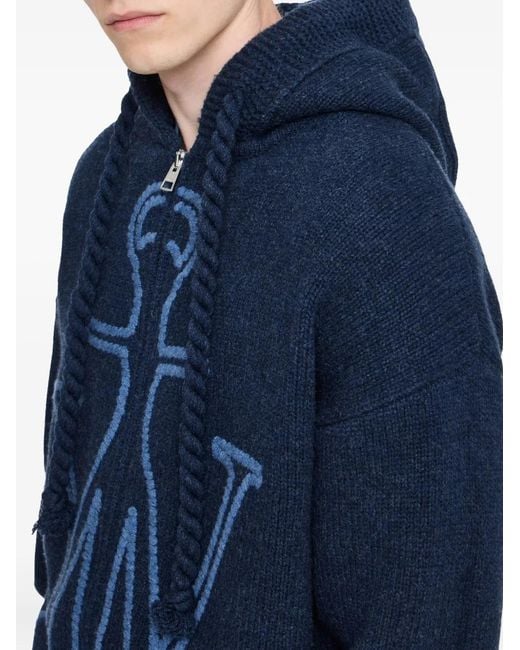 J.W. Anderson Blue Zip-Up Hooded Sweater With Contrasting Logo for men