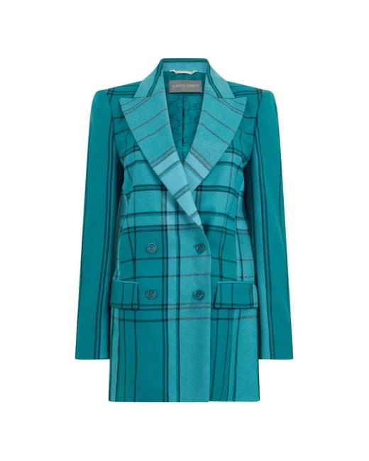 Alberta Ferretti Blue Checkered Double-Breasted Blazer
