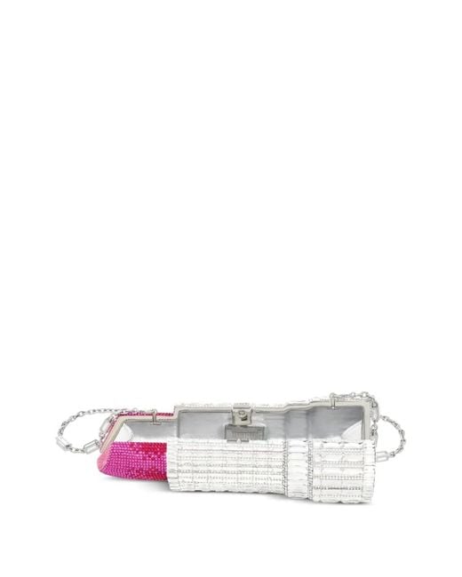 Judith Leiber Pink Crystal-Embellished Lipstick-Shaped Clutch Bag