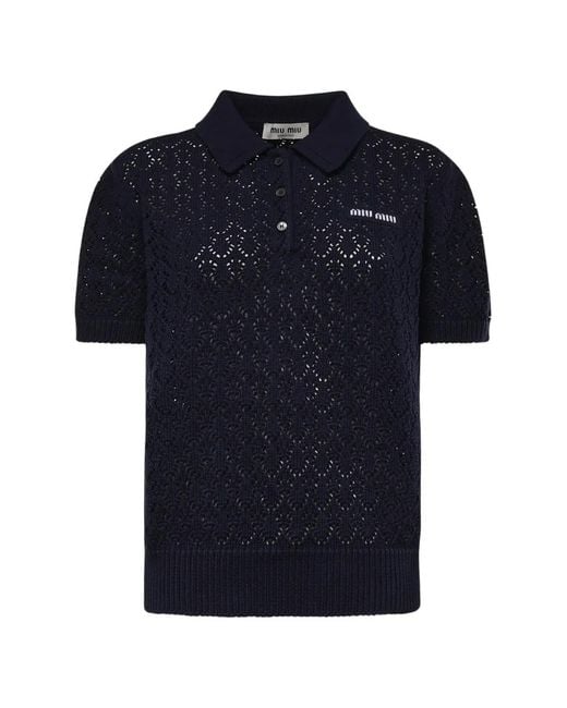 Miu Miu Blue Open-Knit Logo-Patch Polo Top