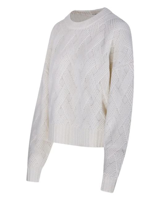 Allude White Diamond-Pattern Sweater