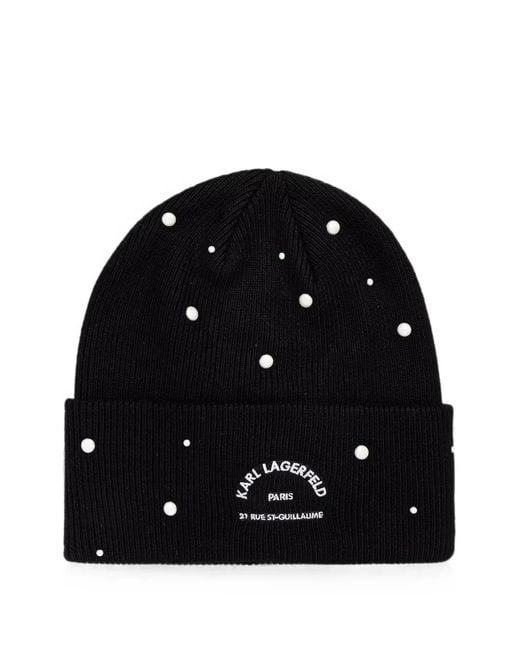 Karl Lagerfeld Black Pearl-Embellished Logo-Embroidered Beanie Hat