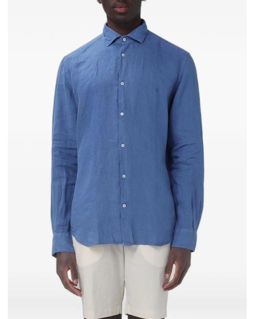 Brooksfield Blue Embroidered-Logo Linen Shirt for men