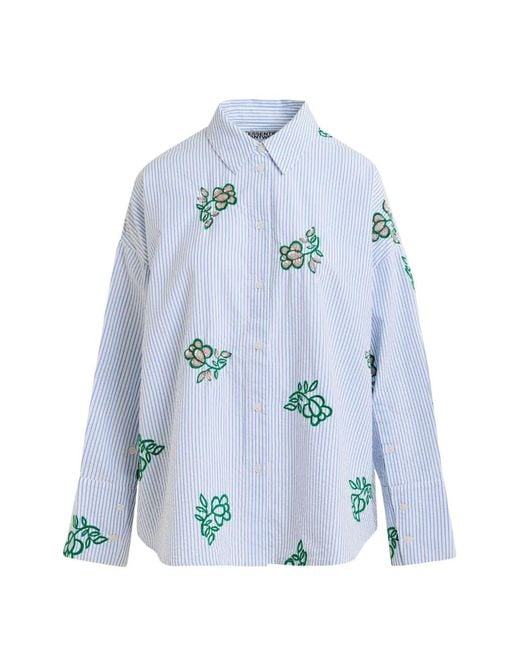 Essentiel Antwerp Blue Pinstripe Floral-Embroidered Shirt