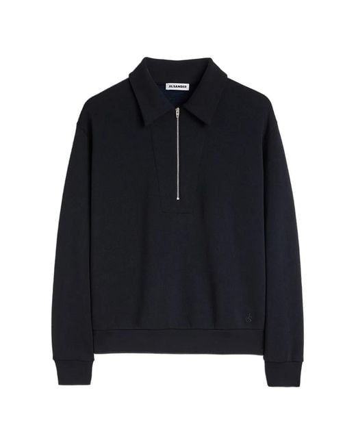 Jil Sander Black Monogram-Embroidered Polo-Collar Sweatshirt for men
