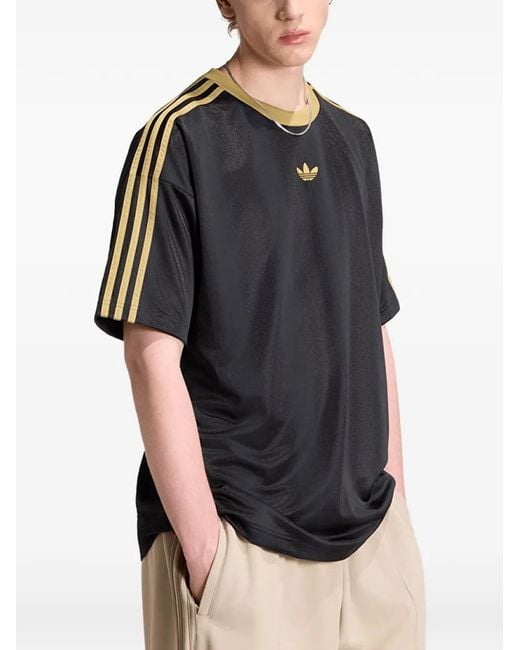 Adidas Black Logo-Embroidered Striped-Sleeve T-Shirt for men