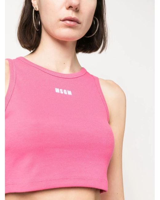 MSGM Pink Logo-Print Cropped Tank Top