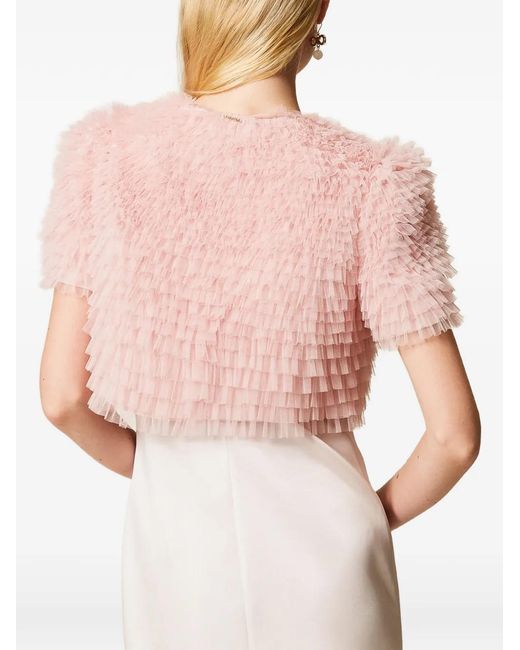 Twinset Pink Cropped Tulle Ruffle Jacket